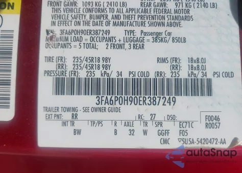 2014 Ford Fusion Se z USA, uszkodzony, nr VIN 3FA6P0H90ER387249